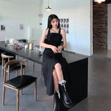 Drespot Harajuku Black Slip Dress Korean Style  Streetwear Women Summer Sundress Goth Gothic Punk Midi Dress Bandage Party
