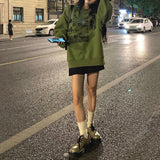 Drespot Korean Style Print Green Hoodie Women Oversize Sweatshirt Female Harajuku Fashion Long Sleeve Pullover O-Neck Tracksuit