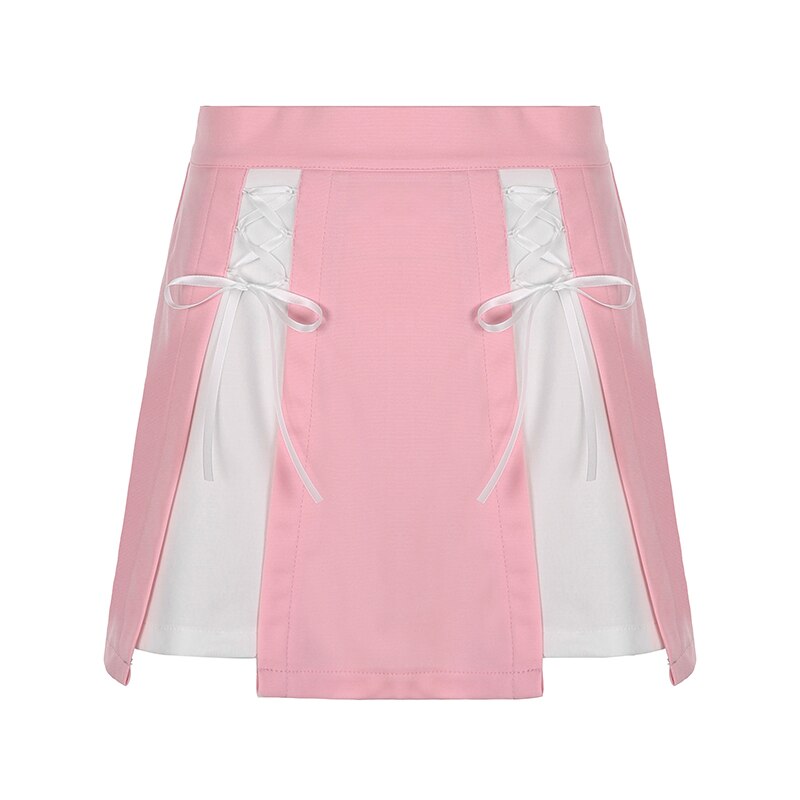IAMHOTTY Kawaii Patchwork Lace-up Mini Skirt Pink High Waist A Line Short Skirts Japanese Lolita Skirts Fairycore Cute Outfit