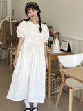White Dress Women Summer Kawaii Midi Dresses Bow Preppy Style Sundress Ruffle Patchwork Peter Pan Collar Puff Sleeve