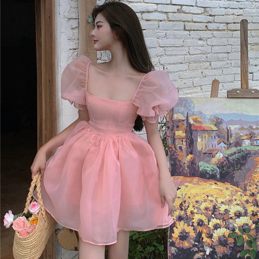 Drespot Sweet Mesh Dress Women Soft Mori Style Pink Elegant Puff Sleeve Kawaii Short Dresses Korean Fashion  Summer Kpop Girl525