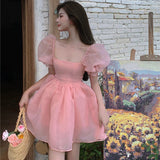 Drespot Sweet Mesh Dress Women Soft Mori Style Pink Elegant Puff Sleeve Kawaii Short Dresses Korean Fashion  Summer Kpop Girl