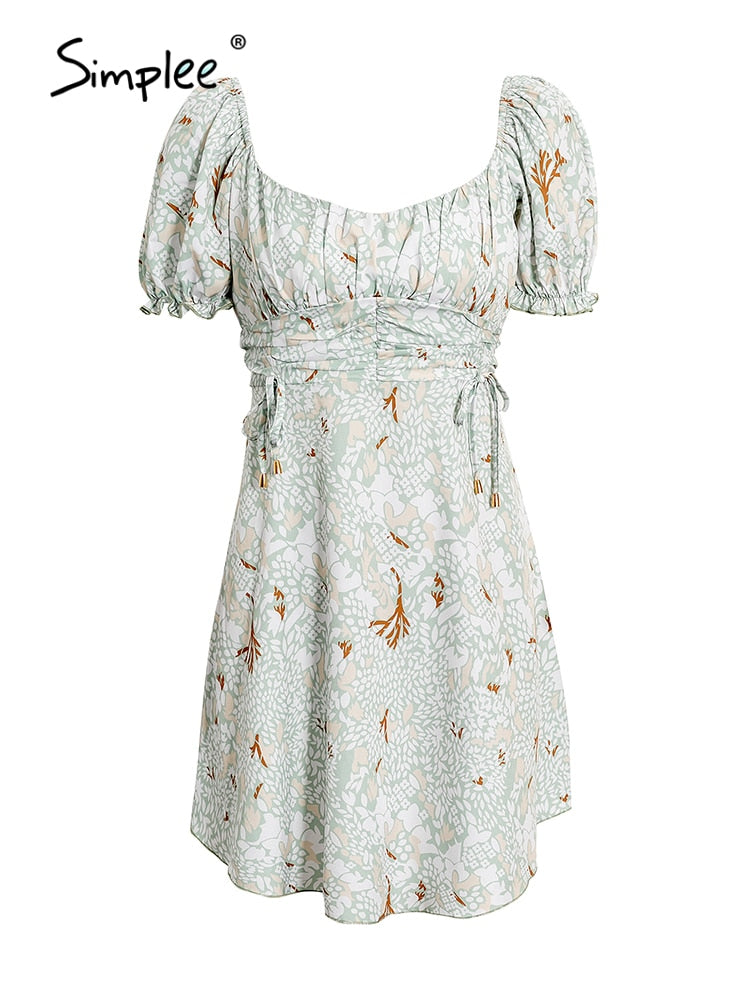 Drespot Bohemian Floral Puff Short Sleeve Mini Dress Women Shirring A-Line Zipper Beach Dress  Summer Square Collar Vestidos
