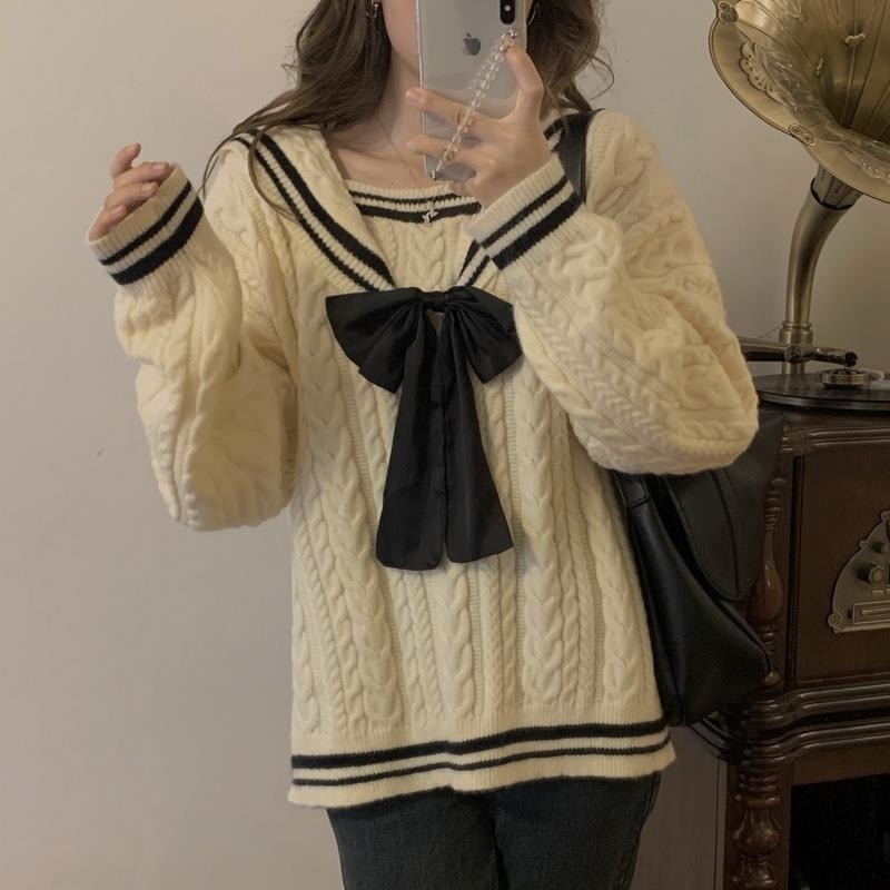 Deeptown Korean Style Sailor Collar WHite Knitted Sweater Women Preppy Fashion Oversize Long Sleeve Jumper Pullover Female Tops