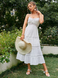 Drespot Elegant Spaghetti Strap Lace Patchwork Summer White Dress Women High Waist Square Collar Long Dress Holiday Long Vestido