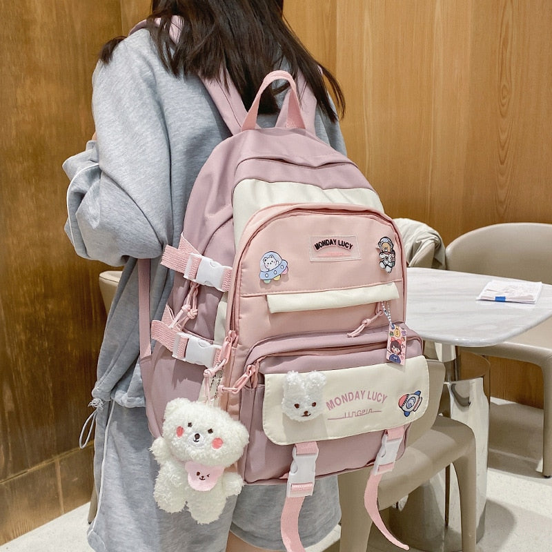 Korean Style Cute Backpacks Women Waterproof Nylon Small Shoulder Bags for Teenage Girls Schoolbags Flower Travel Backpack