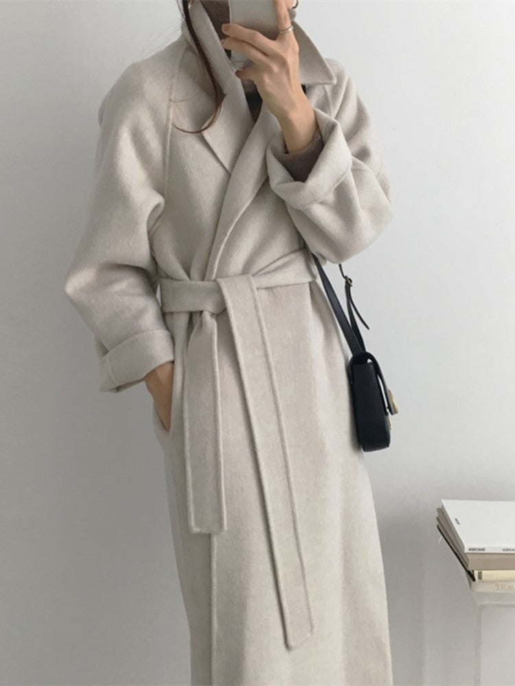 Drespot Autumn Winter New Women's Casual Woolen Blend Trench Coat Oversize Long Coat With Belt Women Wool Coat Cashmere Outerwear
