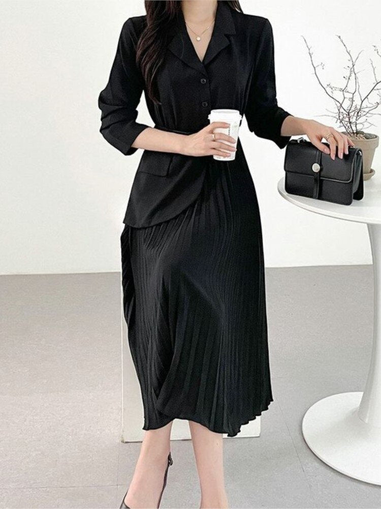 Spring Summer Bodycon Pleated Dress With Belt Office Lady Solid  Slim Elegant Clothes
