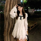 Drespot  White Kawaii Dress Women Sweet Long Sleeve Lace Ruffle Patchwork Mini Dresses Spring Autumn Fairy Korean Fashion Robe