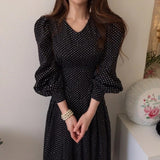 Women Spring Autumn Fashion French Vintage Midi Dress Lantern Office Lady Long Sleeve Dot Print Chiffon Dress