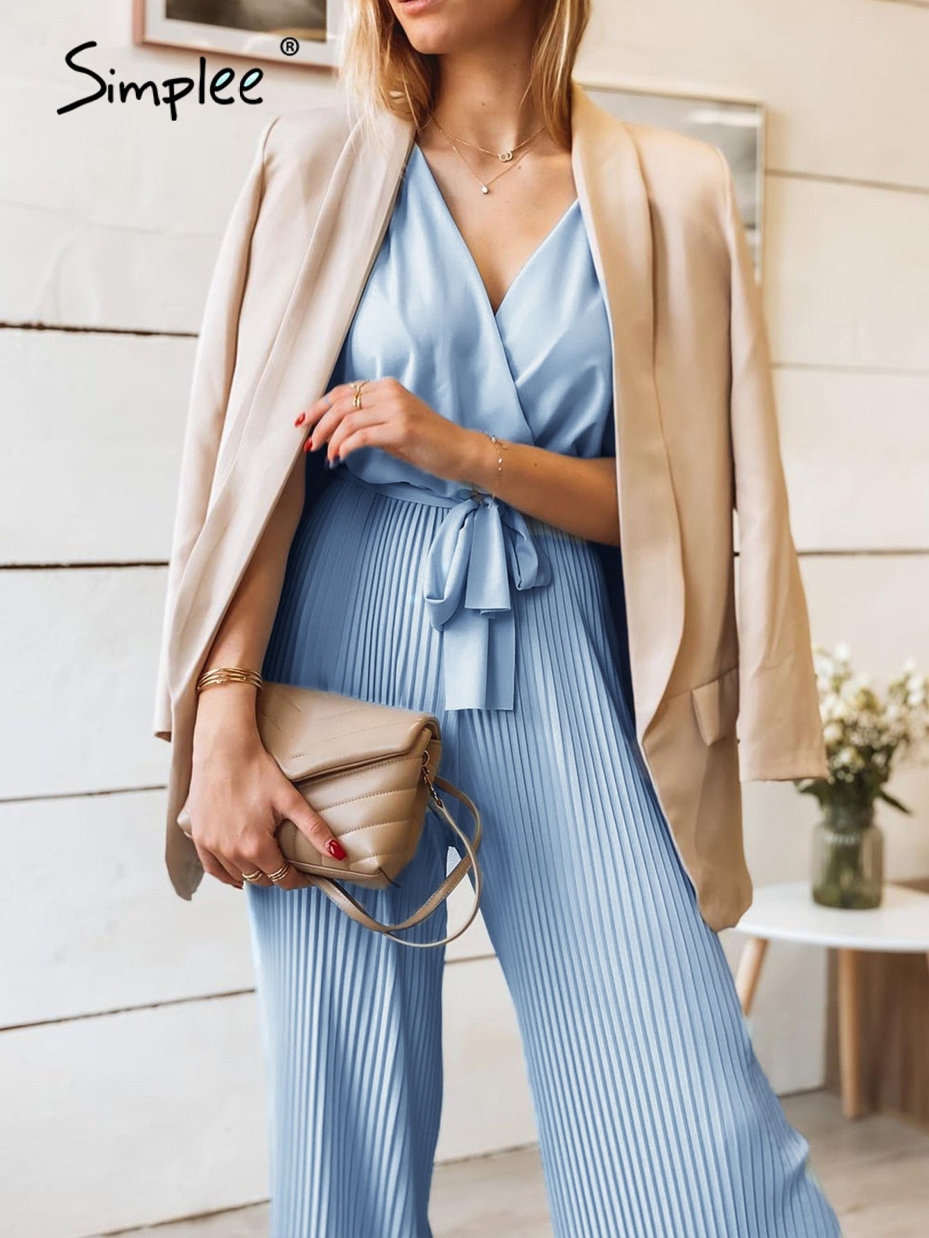 Drespot Elegant V-Neck Sleeveless Lace Up Office Blue Jumpsuit Women Summer Frills Sash Pleated Overalls High Waist Long Overall