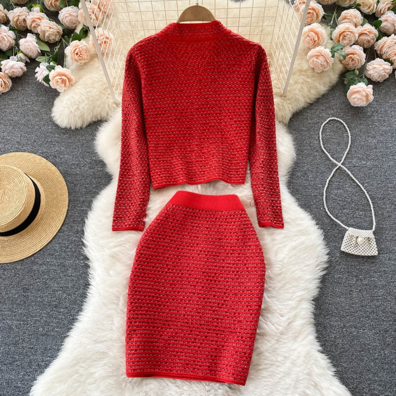 Drespot   New Spring Vintage Elegant Knitted 2 Piece Set Women Sweater Cardigan Crop Top + Skirts Sets Fashion Casual Two Piece Suits