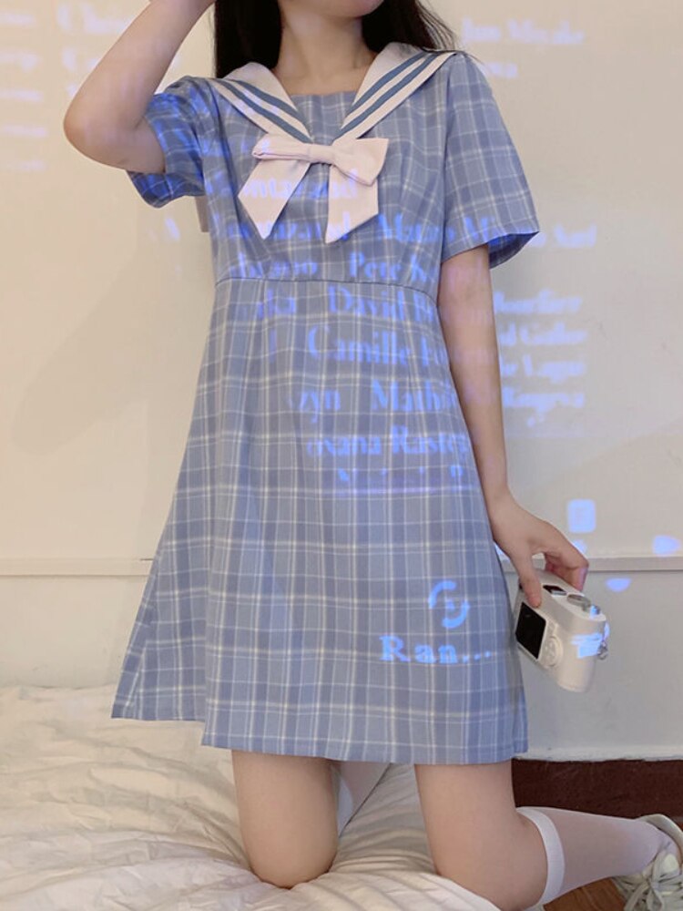 Blue Plaid Dress Women Short Sleeve  Summer Kawaii Mini Dress Bow Preppy Style Sailor Collar Japanese Sundress