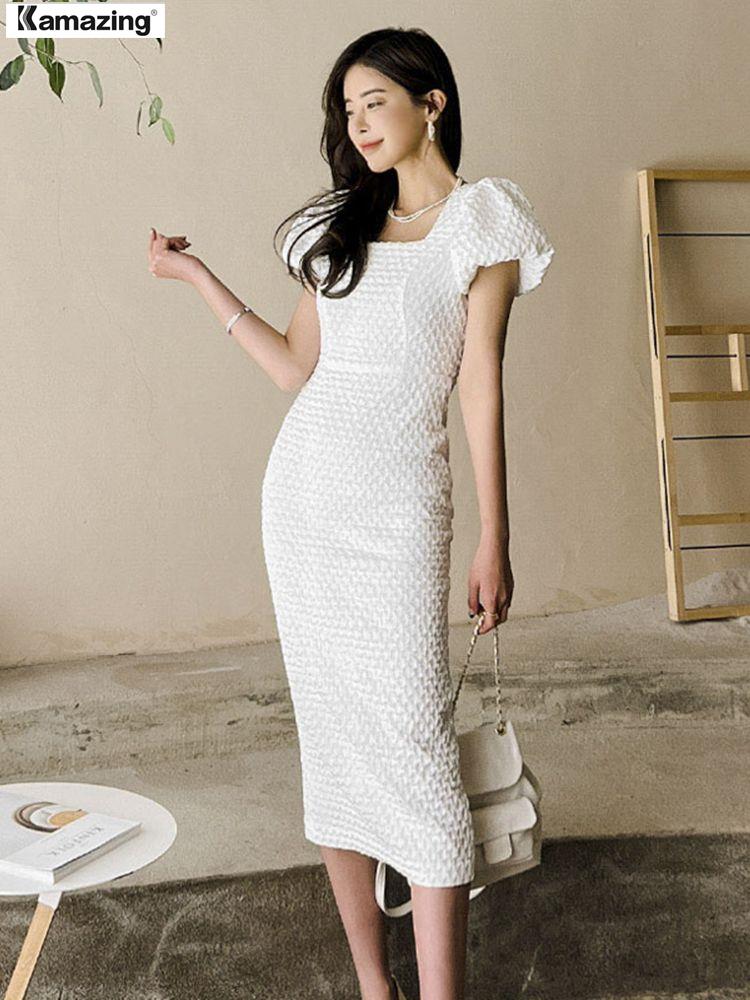 Summer Elegant Women Midi White Dress Office Lady Fashion Vestidos Female Bodycon Clothes Femme