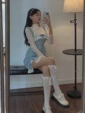 Kawaii Lolita Dress Women Winter  Lace Japanese Sweet Party Mini Dress Ladies Blue Casual Princess Korean Style Strap Dress