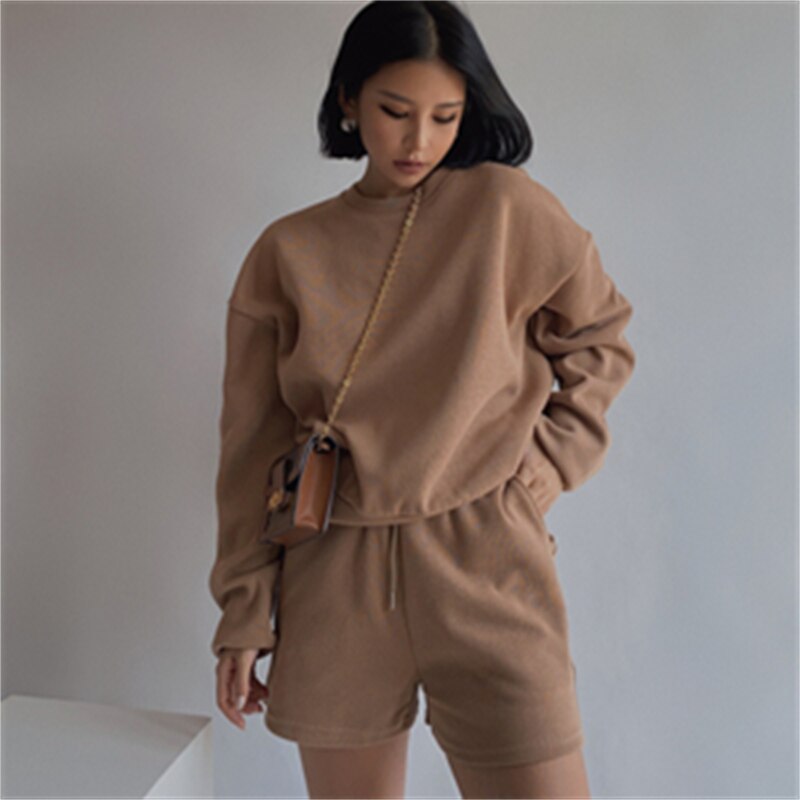 Drespot Women High Quality Hoodies Tracksuits 2 Piece Set Summer Autumn Sweatshirt + Sporting Shorts Outfit Solid Pants Suit
