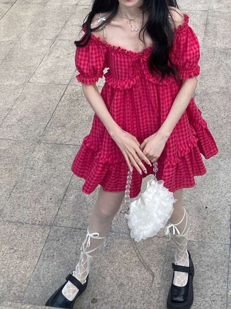 Drespot Y2k Kawaii Plaid Slip Mini Dress Women Egirl Summer Slip Wrap Short Dresses Puff Sleeve Ruffles  Korean Fashion Kpop