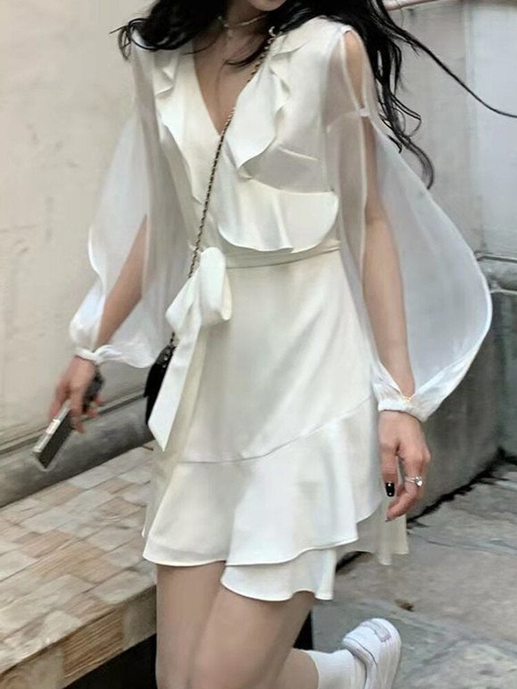 Drespot  Summer White Mini Dress Women Sweet Fairy Korean Elegant Short Dresses Ruffle Solid Color Sundress Holiday Vacation