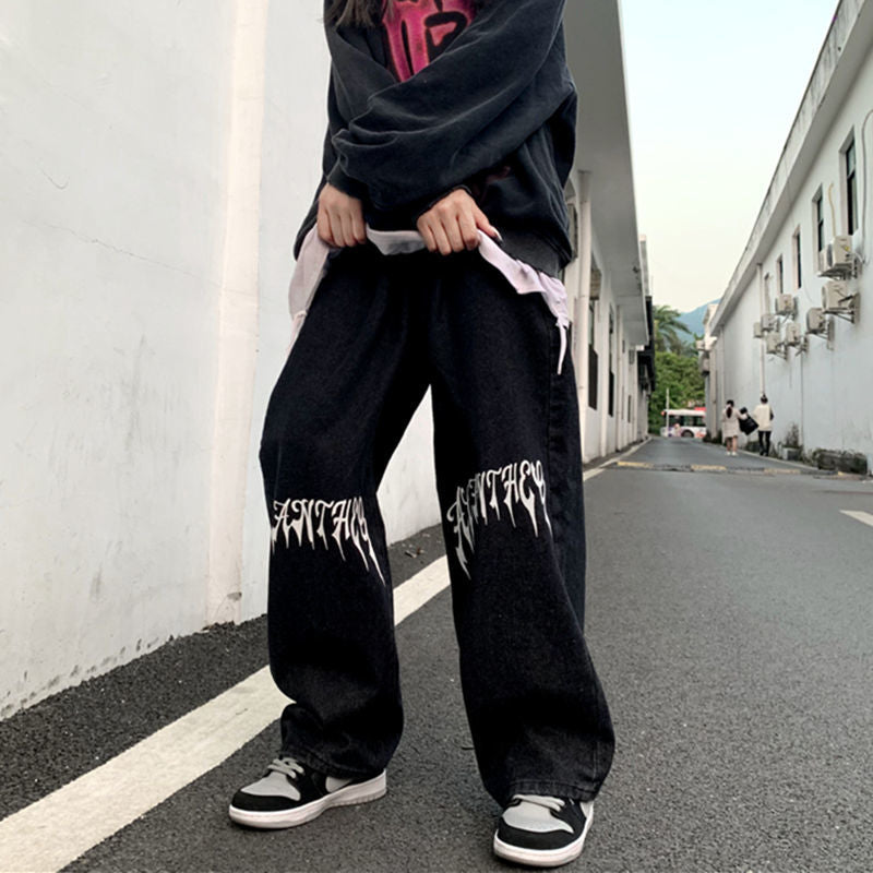 Drespot  Gothic Grunge White Baggy Jeans Women Oversize Streetwear Print Wide Leg Denime Pants Harajuku Black Trousers Female