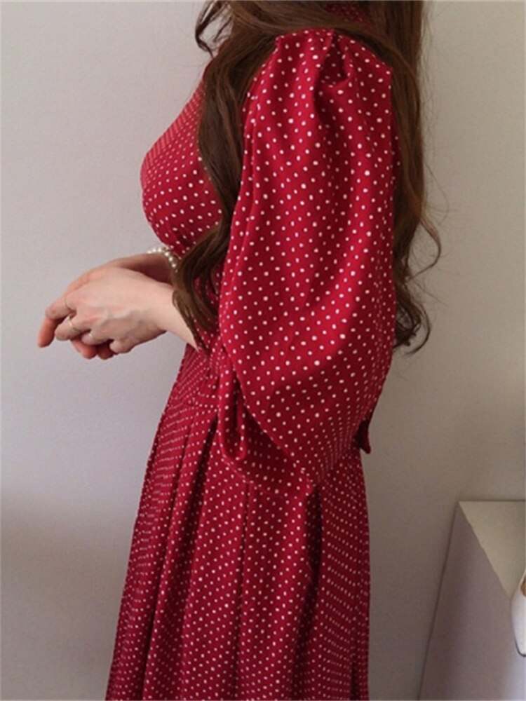 Drespot Spring Women Fashion French Vintage Maxi Dress  One Piece Ladies Dot Print Vestdios Femme Porm Dress