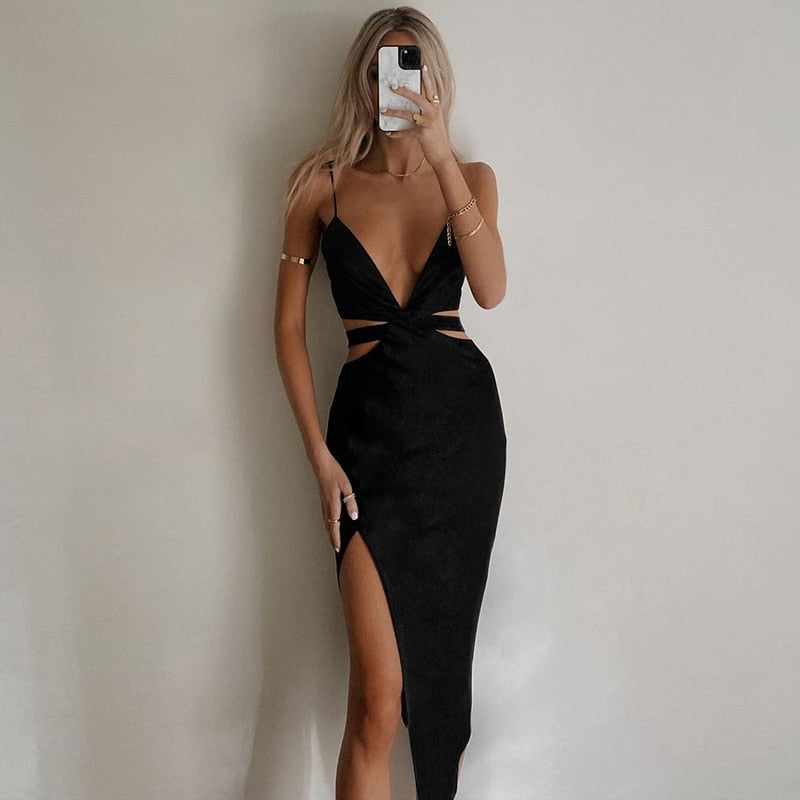 Black Prom Dress For Women Elegant Sexy Sleeveless Backless V Neck  Summer Party Club Midi Split Hollow Out Sundress
