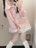 Drespot Kawaii Lolita Shirt Women Pink Sweet Long Sleeve Blouse Ruffles Patchwork Preppy Style Peter Pan Collar Japanese Tops