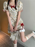 Floral Dress Women Kawaii Preppy Style Sweet Bow Mini Dress  Summer Elegant Square Collar Puff Sleeve Fairy Sundress