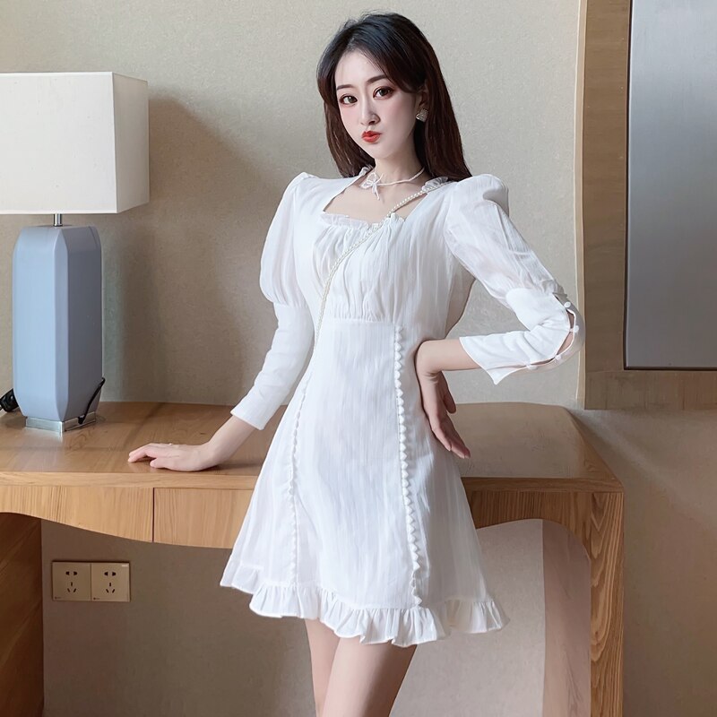 Spring  Vintage Women White Dress Elegant A Line Ruffles Tunic Ladies Party Vestidos Korean High Waist  Luxury Mini Dress