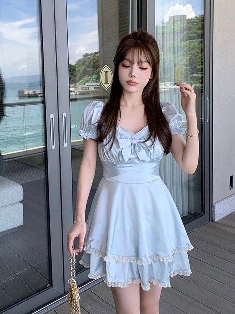 Drespot Sweet Kawaii Blue Mini Dress Women Soft Sweet Lace Cute Puff Sleeve Short Dresses Princess Fairy  Summer Korean Kpop