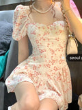 Pink Floral Dress Women Sexy Mini Dresses Square Collar Puff Sleeve  Summer Sweet Kawaii Sundress Korean Fashion