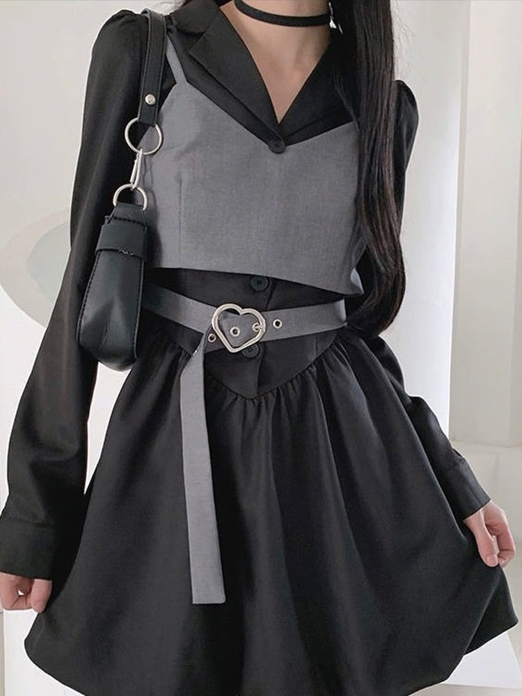 Drespot Korean Kpop Notched Dress Women Preppy Style Harajuku Streetwear Black Long Sleeve Short Shirt Dresses Casual  Spring
