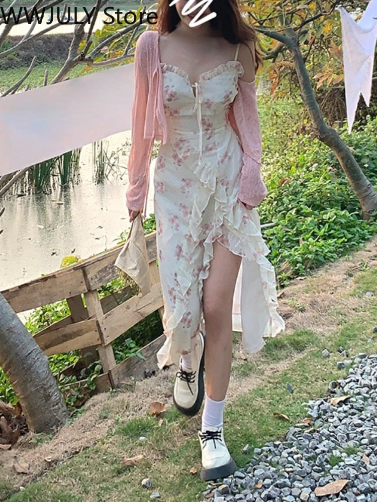 Drespot   Summer Floral Sleeveless Midi Dress Elegant Sexy French Vintage Strap Dress Woman Party One Piece Dress Korean Fashion