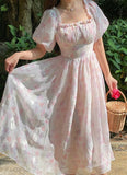 Floral Elegant Evening Party Midi Dress Women Puff Sleeve Casual France Vintage Dress Print Princess Fairy Dress Summer  New
