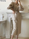 Autumn Spring Women Fashion Midi Dress Female Elegant Long Sleeve Belted Loose Vestidos Clothes