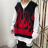 Y2K Gothic Knitted Sweater Vest Women Harajuku Vintage Flame Print Jumper Loose V-neck Sleeveless Tops High Street Punk