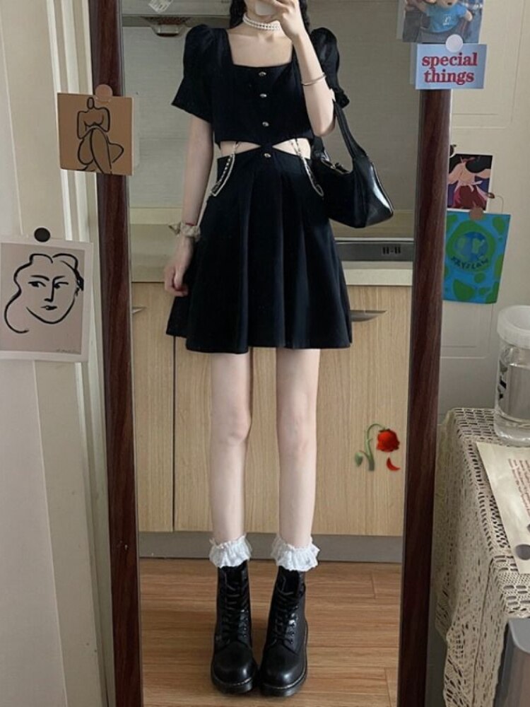 Drespot Black Sexy Mini Dress Women Summer  Hollow Out Chain Gothic Dresses Punk Harajuku Fashion Robe Y2k Girl Streetwear