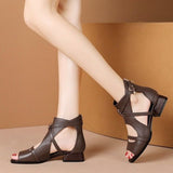 Drespotshop PU Leather Low-Heeled Women Sandals Summer Peep Toe Hollow Comfor Casual Roman Shoes