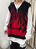 Y2K Gothic Knitted Sweater Vest Women Harajuku Vintage Flame Print Jumper Loose V-neck Sleeveless Tops High Street Punk