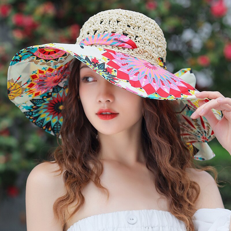 Bali Eco Sun Straw Hat For Womens Raffia Handmade Openwork Braided Bow Patchwork Summer Cap Large Brim UV Protection Beach Hat