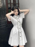 Drespot  Summer White Mini Dress Women Korean Fashion Wrap Puff Sleeve Ruffle Party Short Dresses Casual Robes Female Kpop
