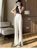 Silk Slit Baggy Trousers Women's  Summer High Fashion Straight Tube High Waist Slim Fit Split Drooping Flared Pants