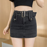 Drespot Y2K Mini Skirt With Buckle Belt Low Rise Micro Mini Jean Skirt Punk Grunge Aesthetic Women E-Girl Outfit