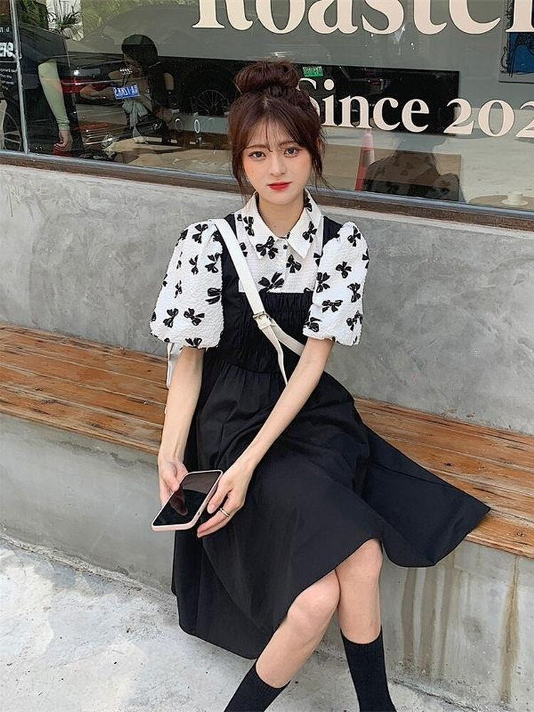 Drespot Mori Korean Style Black Dress Women Polo Harajuku Ruched Kawaii School Dresses  Summer Sundress Casual