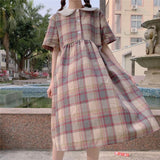 Drespot Kawaii Plaid Dress Women Perppy Style Peter Pan Collar Summer Dresses Loose Casual Japanese Sweet Cute Sundress