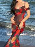 Sexy Floral Print Elegant Maxi Dresses for Women  Fashion Off Shoulder Mesh Summer Beach Dress Casual Club Party Long Robe
