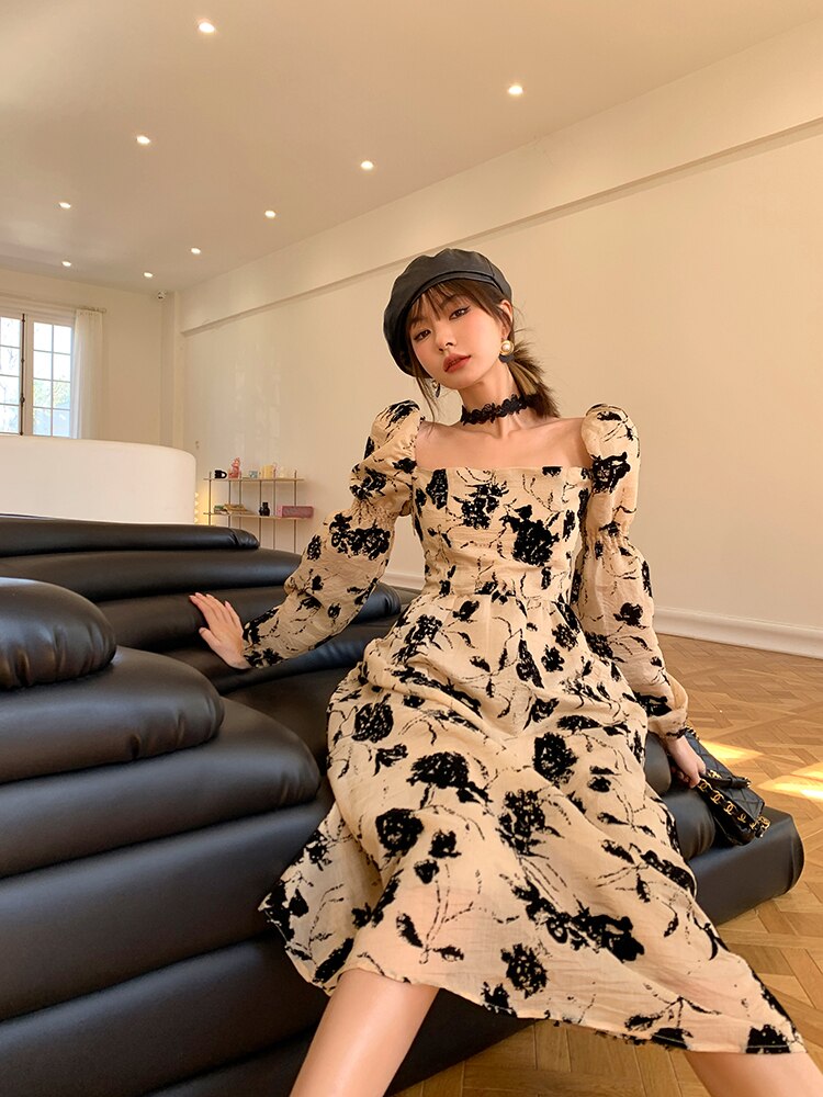 Spring New Puff Sleeve Dress Female French Style Square Collar Long Dresses Women Fashion Floral Printing Holiday Vestidos
