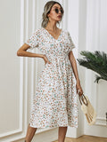 Drespot Allover Floral Print Shirred Waist Flared Hem Dress Summer Women Holiday Short Sleeve V-neck A-line Long Dress Robe Femme