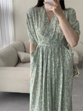 Summer Vintage Printed Dresses Fashion Casual V Neck Short Sleeve  Women Loose Maxi Dress Vestidos