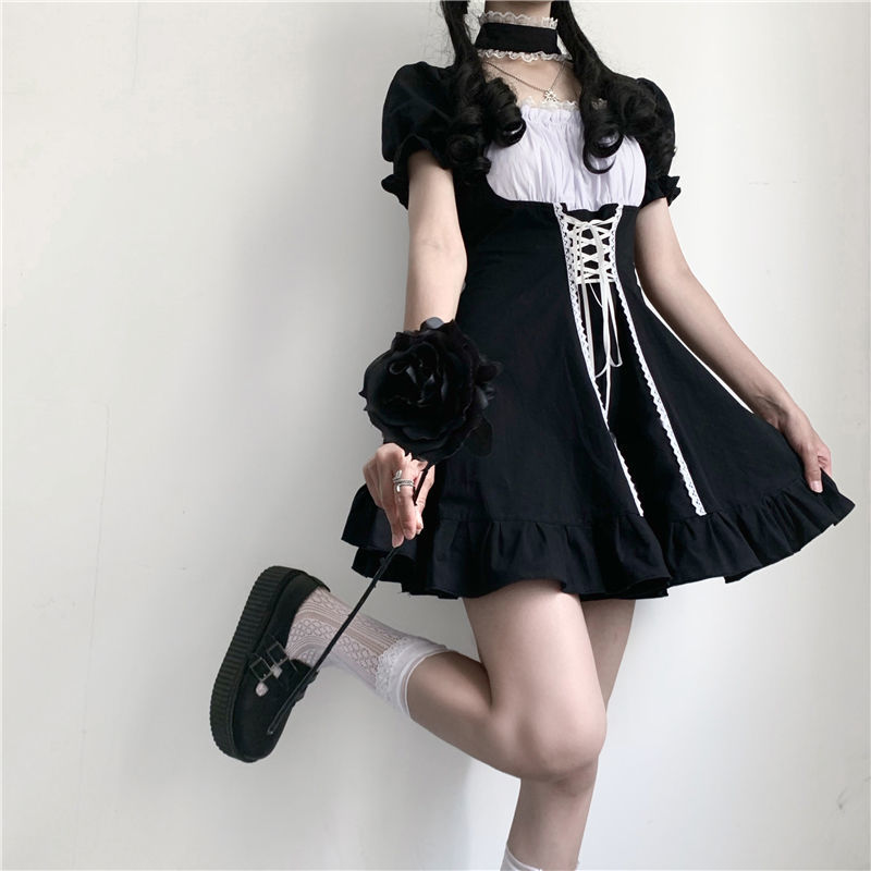 Drespot  Kawaii Maid Dress Women Gothic Patchwork Bandage Dresses Square Collar Puff Sleeve Sweet Lolita Female Robe Y2k Vintage