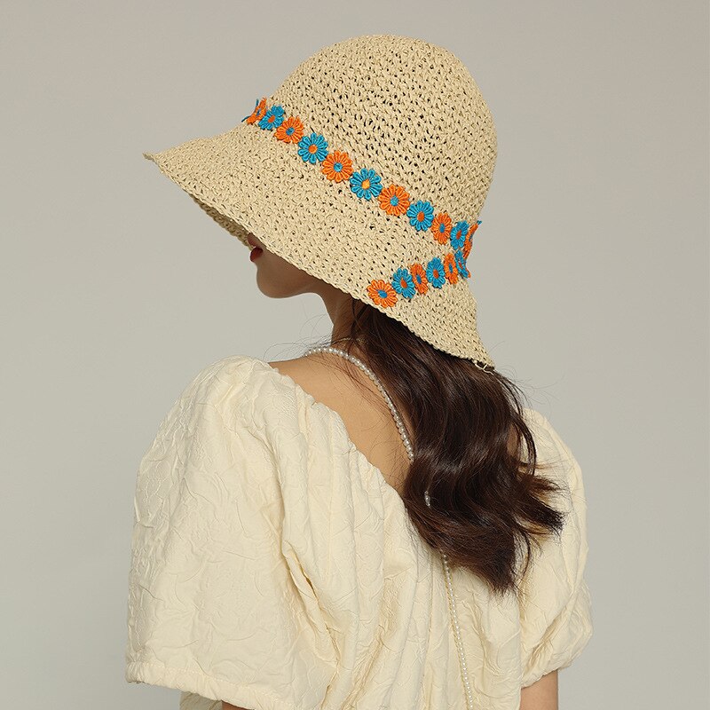 Daisy Folding Straw Hat Women's Flower Outing Sun Visor Holiday Summer Cap Big Eaves UV Seaside Vacation Bohemia Beach Hat